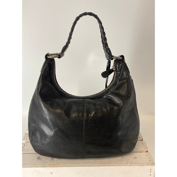 BRIGHTON LARGE BLACK LEATHER, ANIMAL PRINT TRIM SHOULDER BAG - Picture 5 of 16